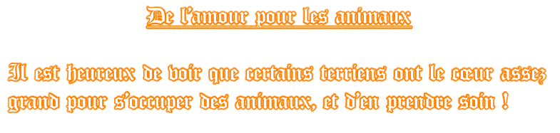 De l’amour pour les animaux  Il est heureux de voir que certains terriens ont le cœur assez grand pour s’occuper des animaux, et d’en prendre soin&nbsp;!